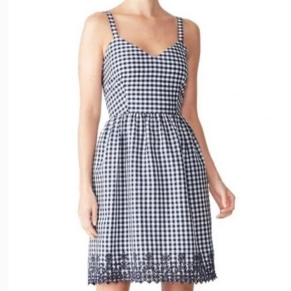 Draper James Gingham Navy White Floral Eyelet Lace Hem Fit & Flare Dress - Picture 1 of 10